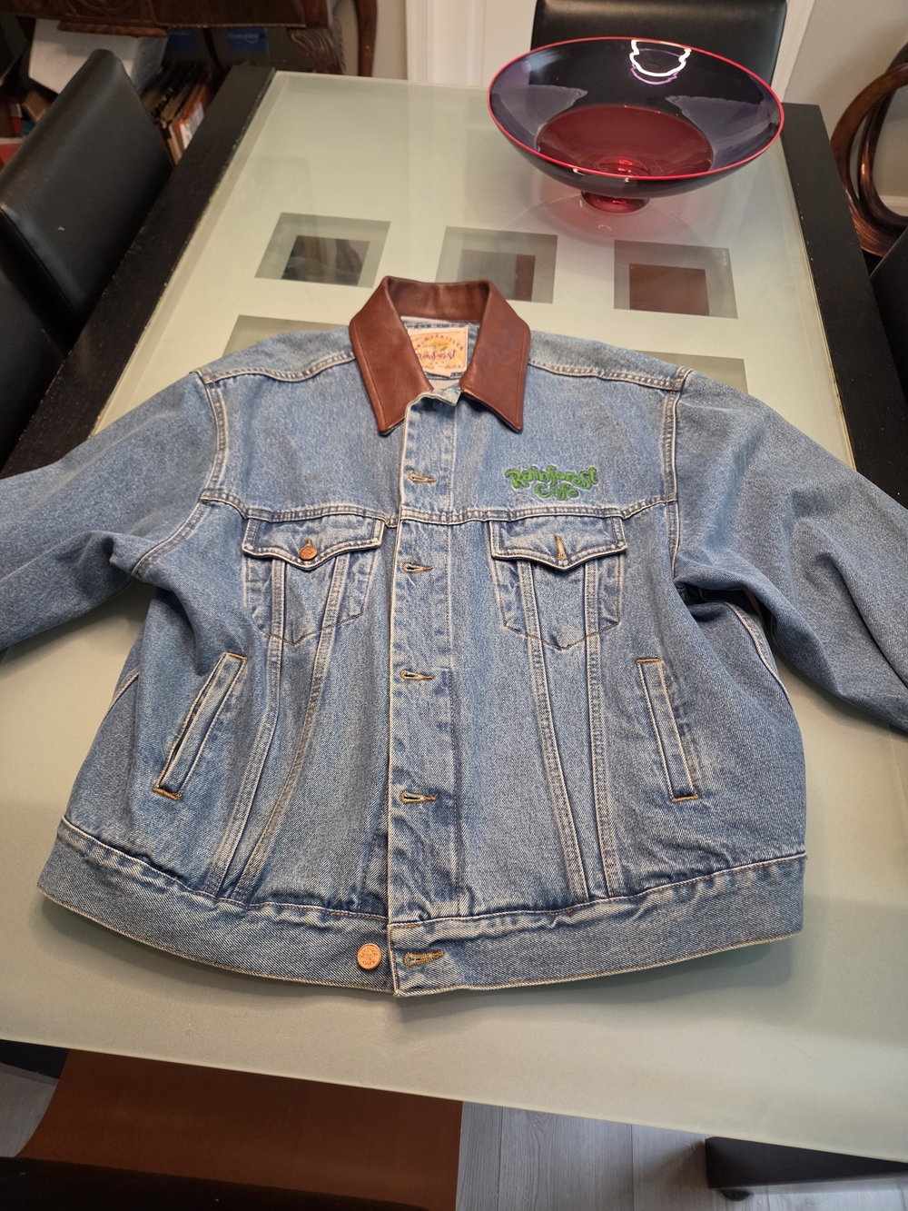 RAINFOREST Light Blue Denim Jacket with Brown Collar and Pink Accent